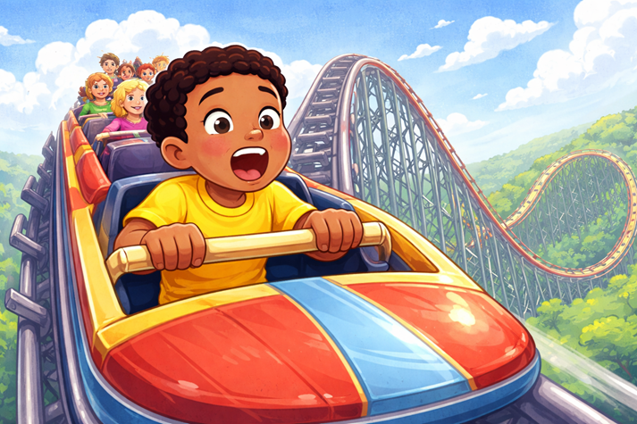 A roller coaster climbing a steep hill with a child gripping the bar, wide-eyed, just before the big drop